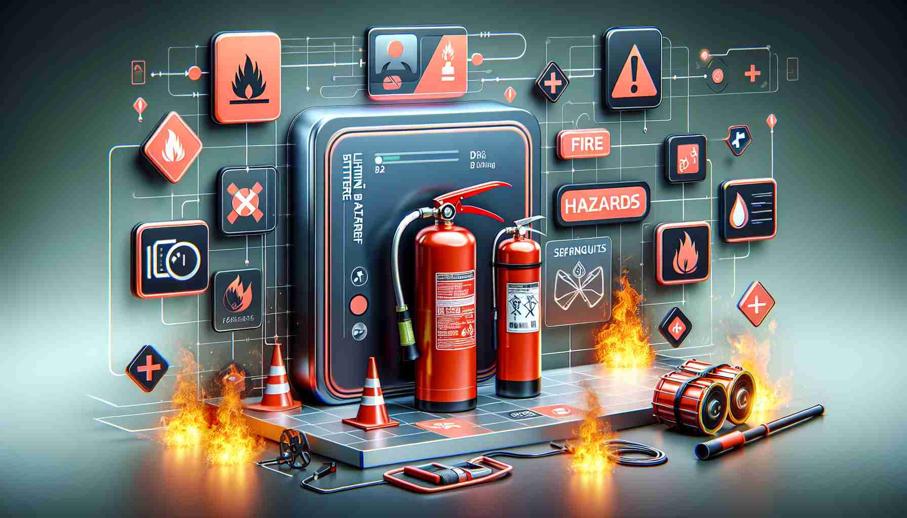 computer graphics with Lihium-ion batteries and danger signs
