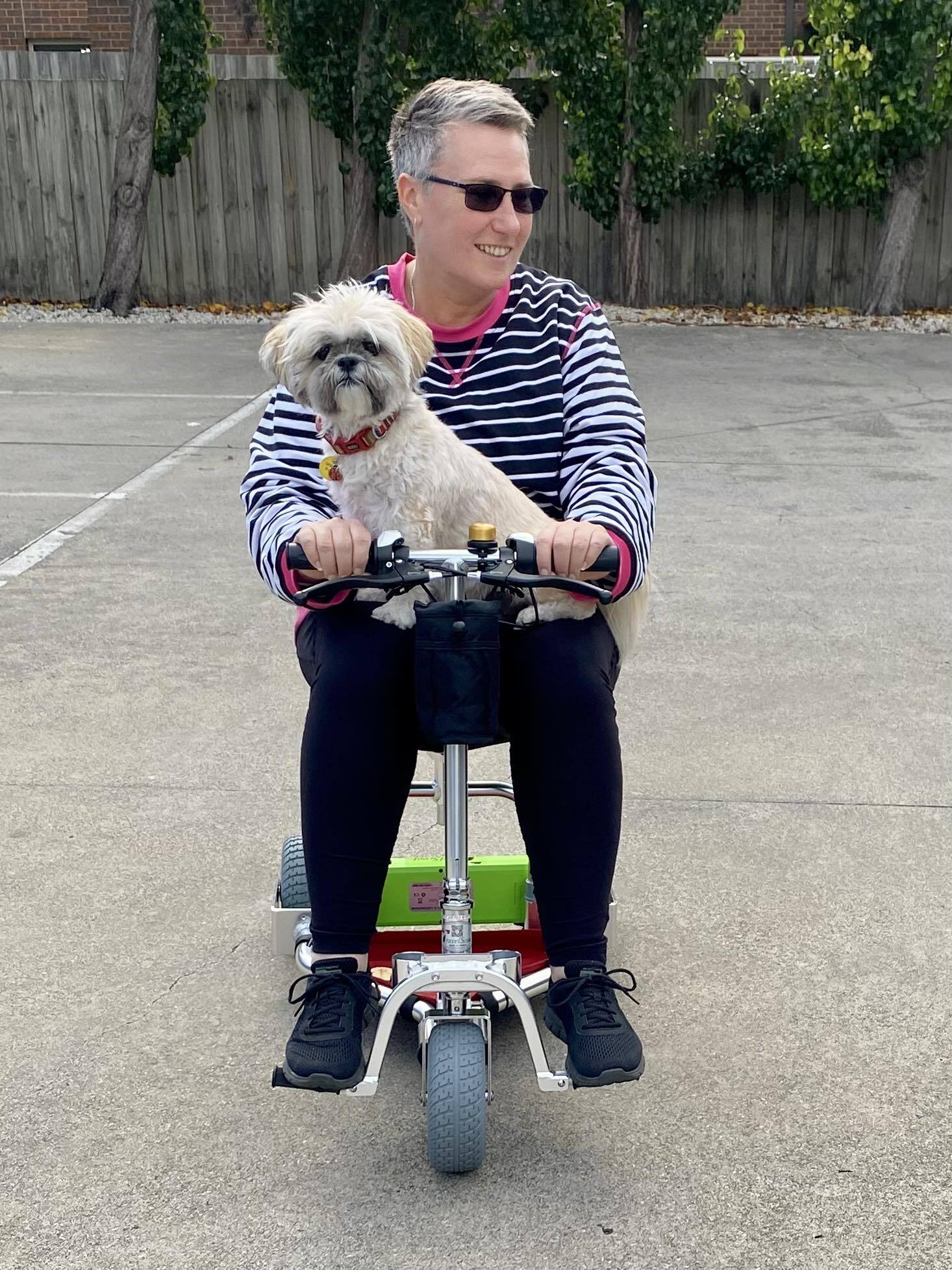 Person on mobility scooter with a dog on his lap.
