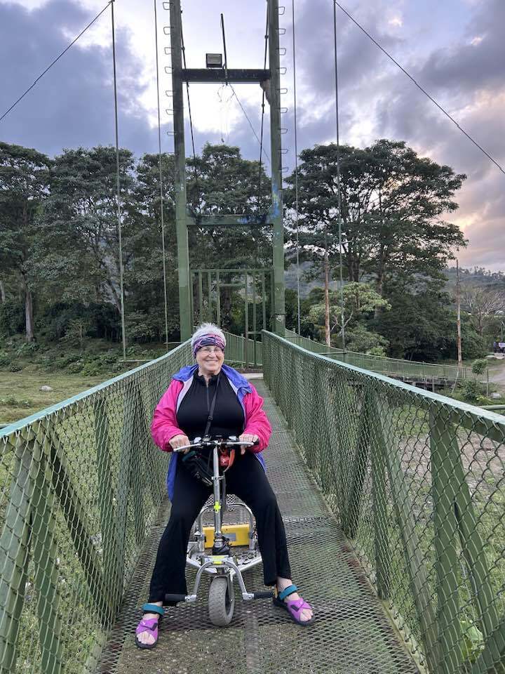 Woman on mobility scooter overseeing a bridge.